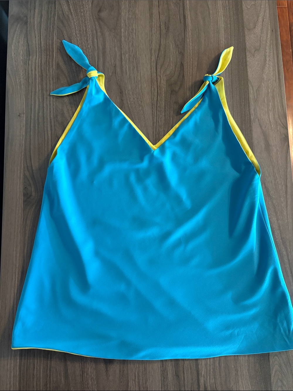 Heidi Houston | Women’s Blue V-Neck Tie-Strap Tank Top with Yellow Trim